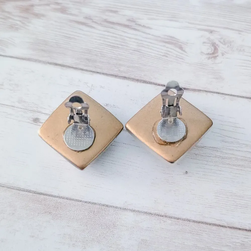 Vintage Clip On Earrings Large Blue & Gold Tone Statement Chunky